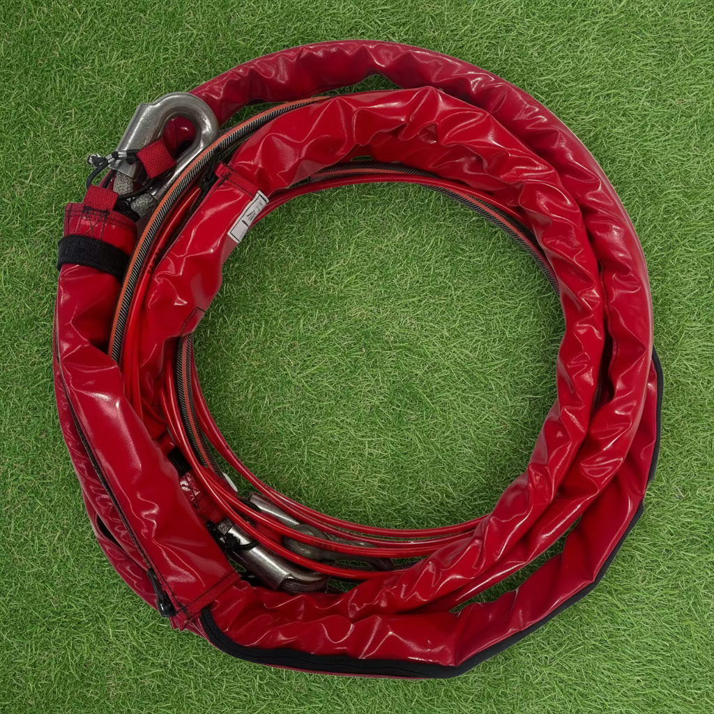 Coiled-red-PVC-long-line-cover-for-helicopter