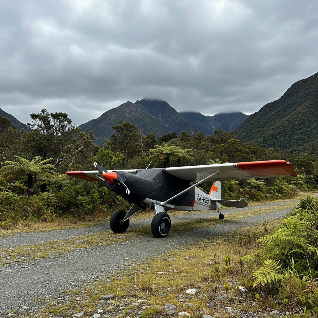 Bearhawk-with-grey-aerosew-canopy-cover-on-mountain-airstrip with bush covered mountains behind 