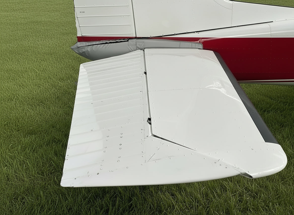 White airplane wing with a red stripe on a grass background aerosew tail cone cover