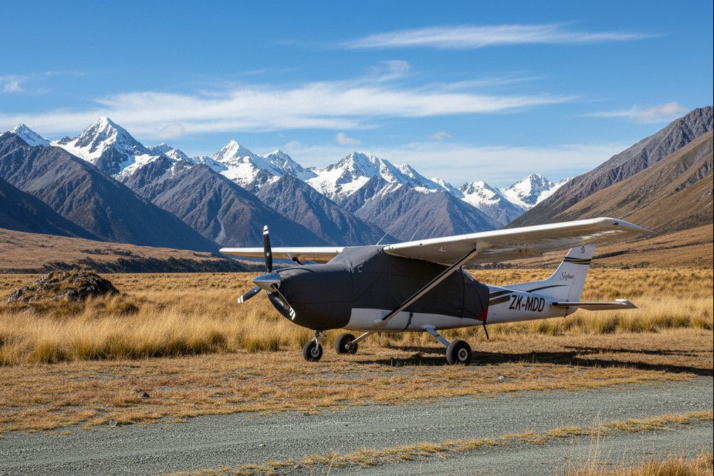 Cessna-C182-on-mountain-strip-with-aerosew-cover-on