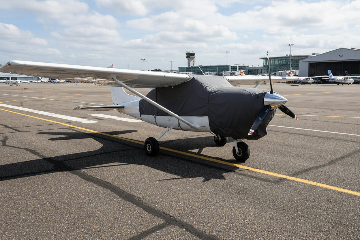 Cessna-c206-aicraft-with-grey aerosew-cover-on-aerodrome