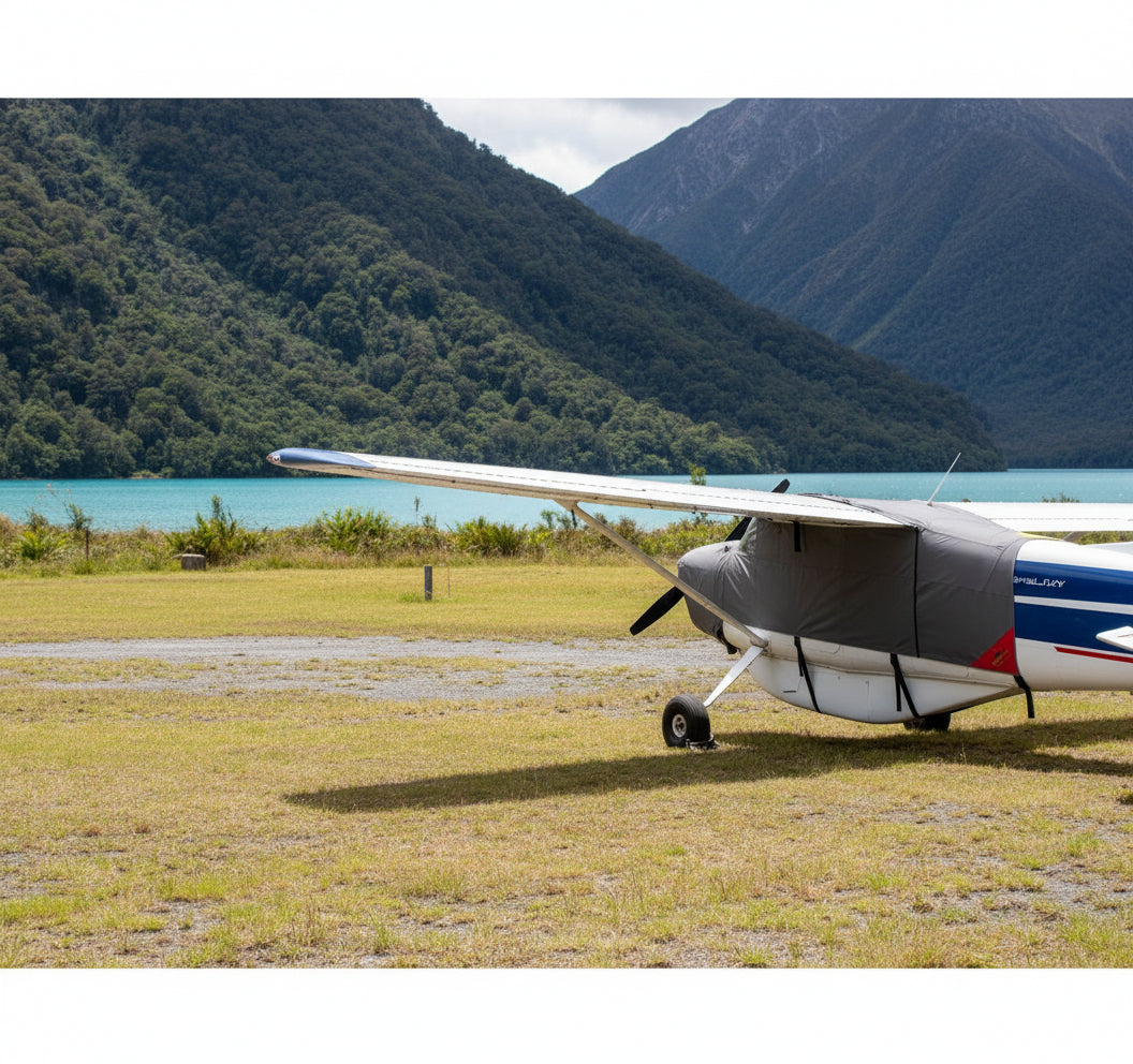 cessna airplane with a gray aerosew cover on lake background