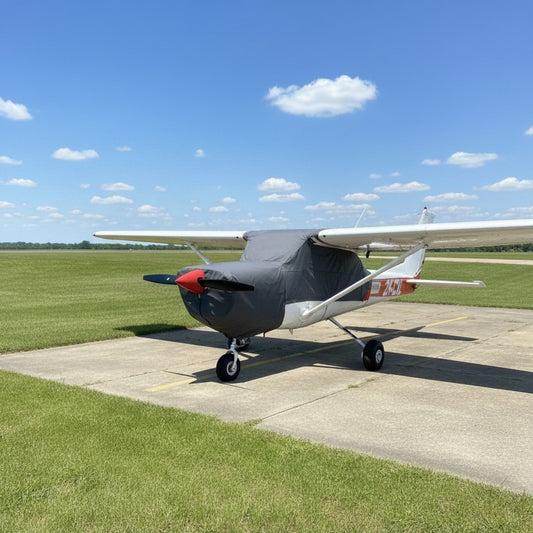 Red Cessna C152 with aerosew canopy cover with small aerodrome in background