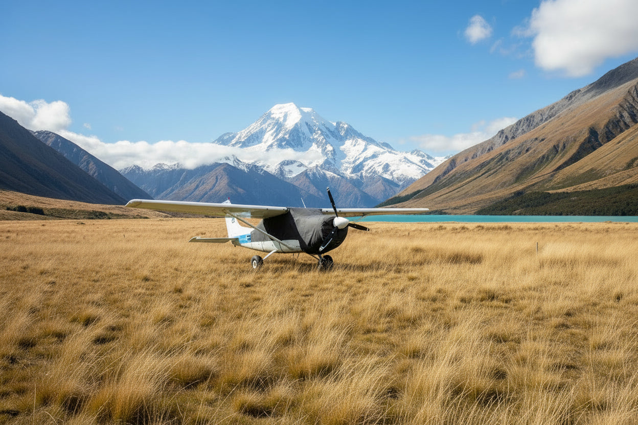 Blue_cessna_206_wit_aerosew_grey_canopy_cover_on_beside_lake