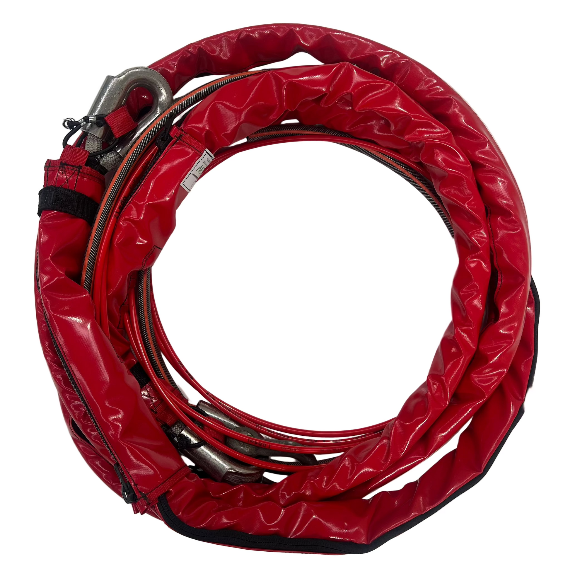 Coiled-red-PVC-long-line-cover-for-helicopter 