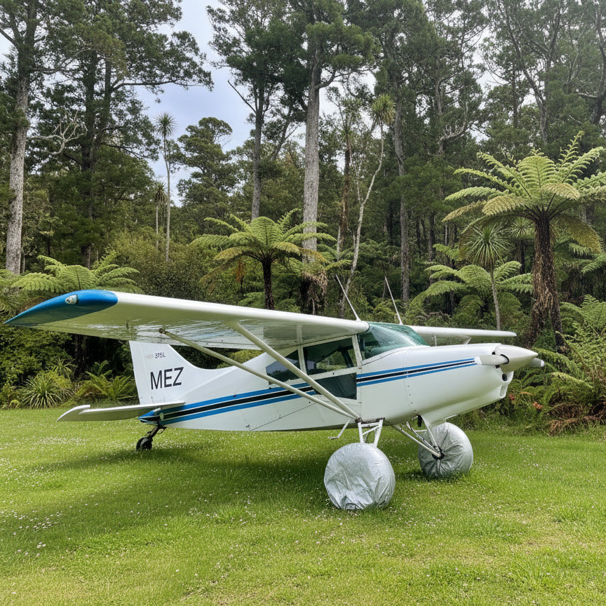 blue-and-white-maule-aircrtaft-with-aerosew-wheel-covers-surrounded-by-trees