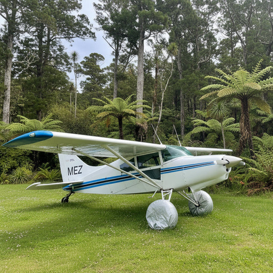 blue-and-white-maule-aircrtaft-with-aerosew-wheel-covers-surrounded-by-trees