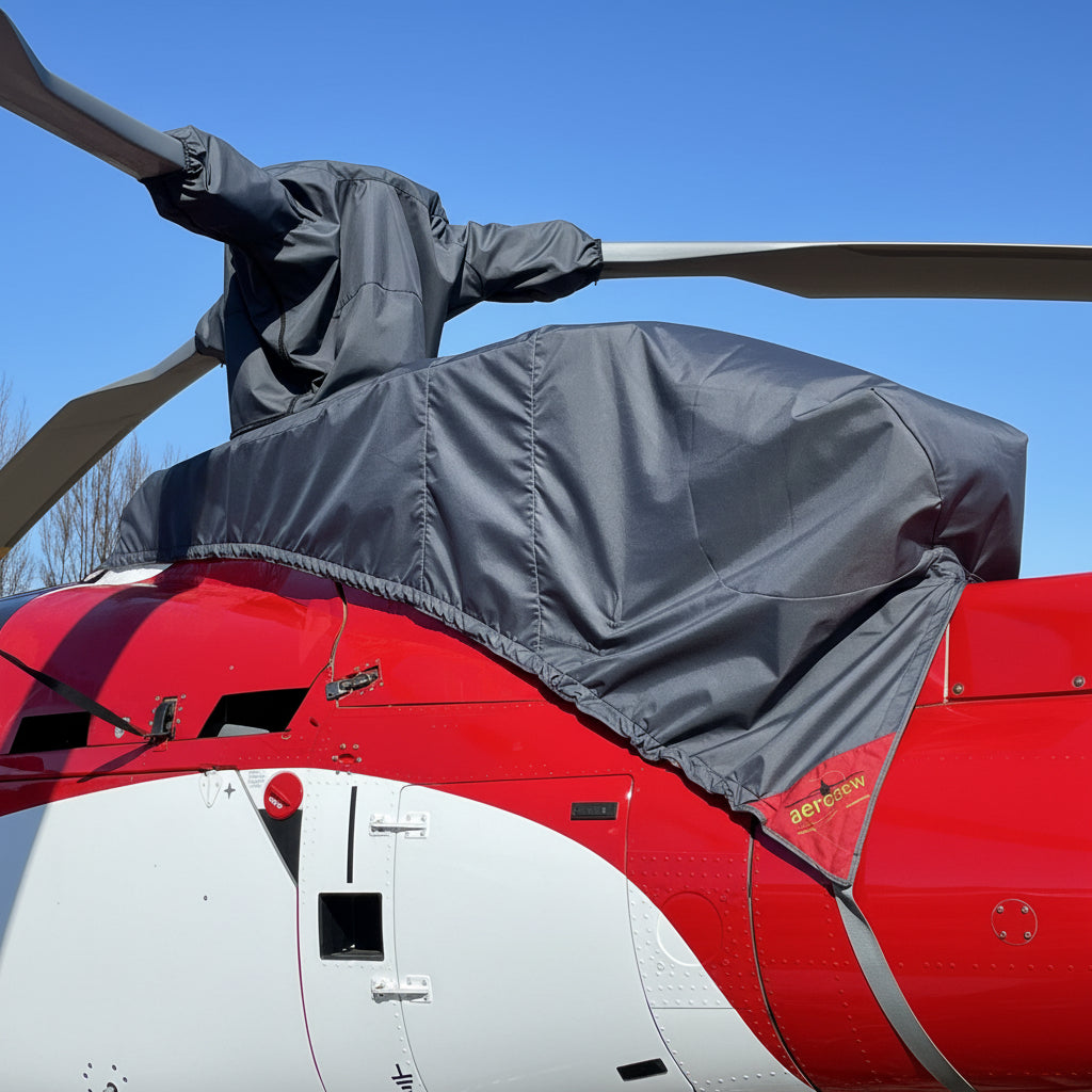 Charcoal engine and transmission cover fitted over the upper deck of a red Squirrel AS350 helicopter