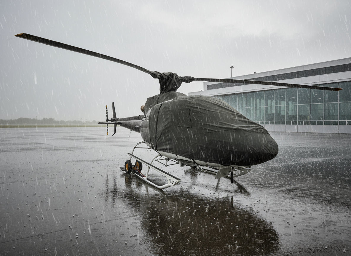 Squirel B3 helicopter-with-aerosew-bubble-cover-on-apron-in-rain
