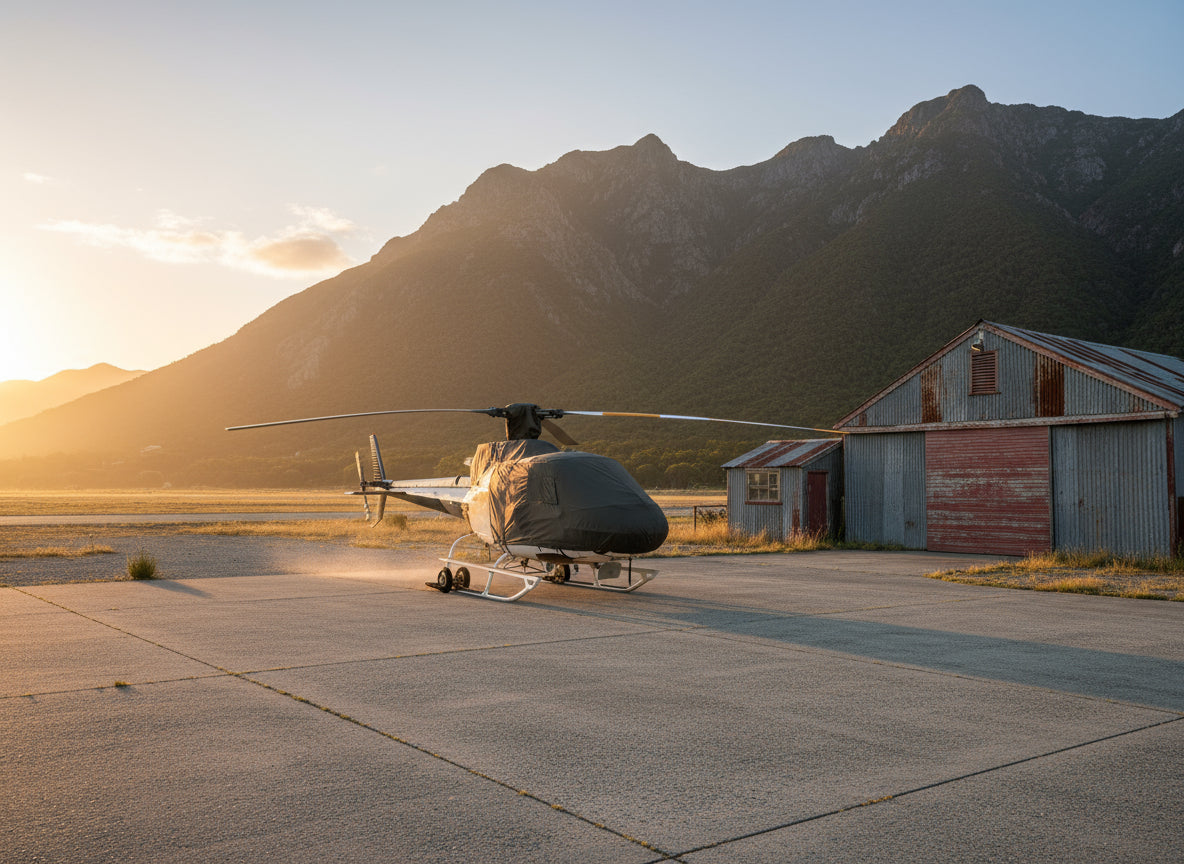 Helicopter on a tarmac with mountains and a barn in the background aerosew coverson