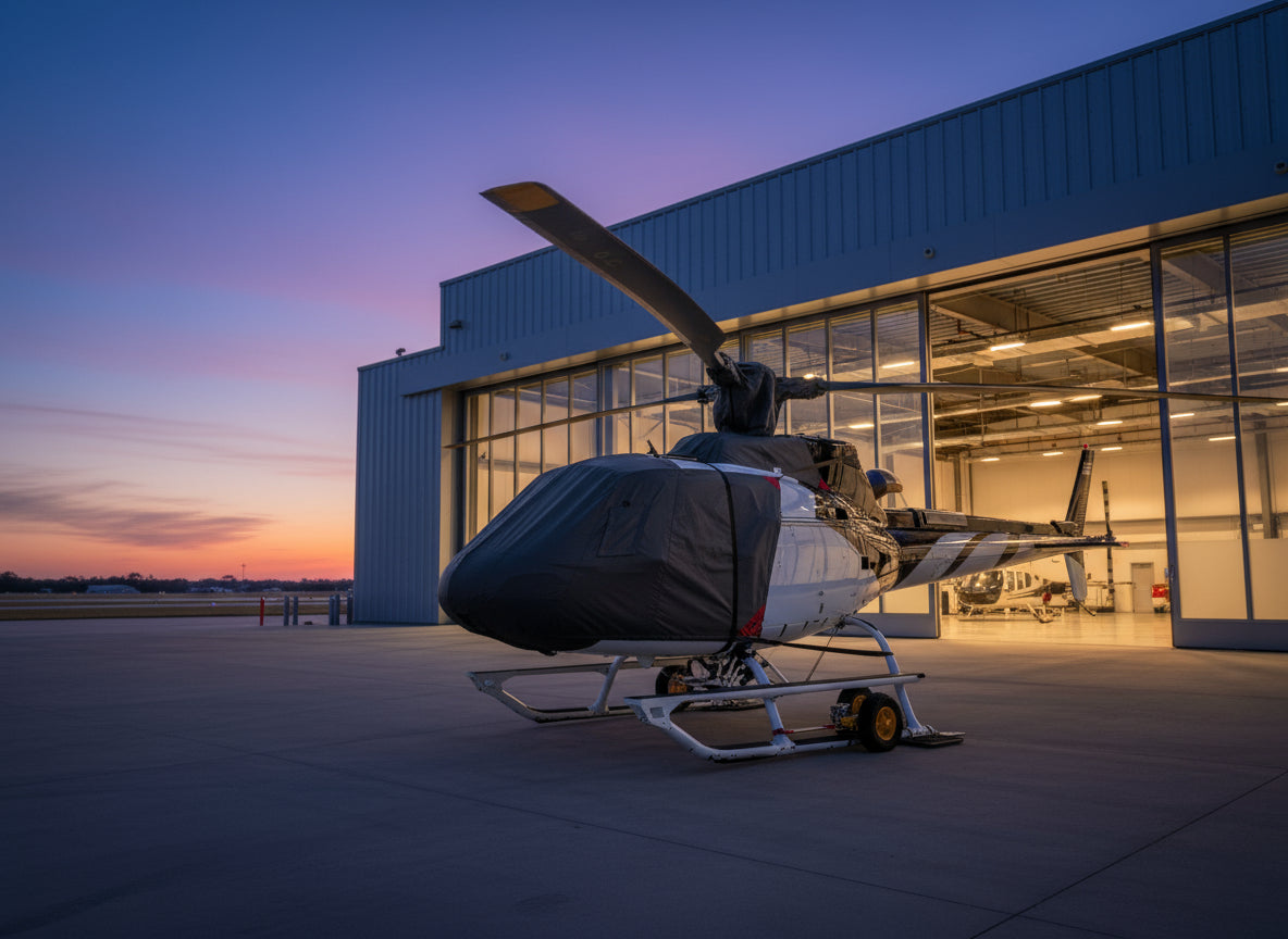 Squirrel B3 helicopter with aerosew cover on outside a hangar in twilight  
