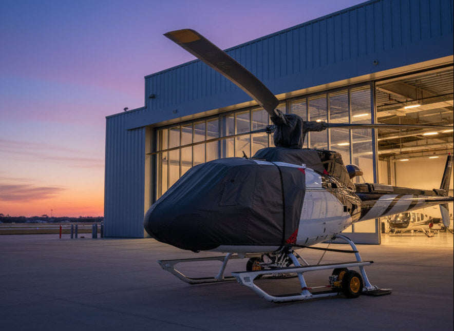 Squirrel B3 helicopter with aerosew cover on outside a hangar in twilight  