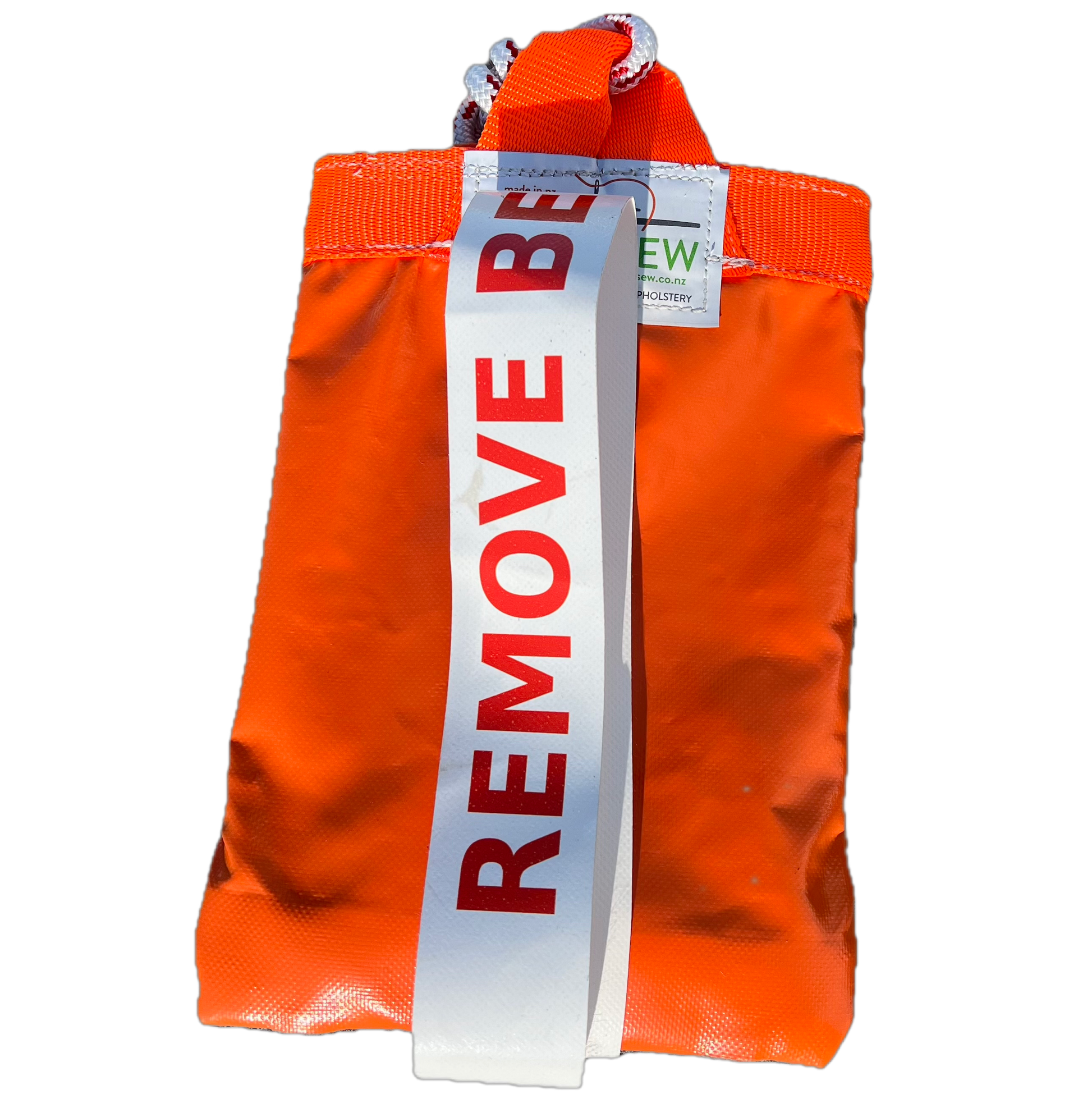 Single orange Cabri G2 PVC rotor blade tie-down with an Aerosew label and white Remove Before Flight streamer.