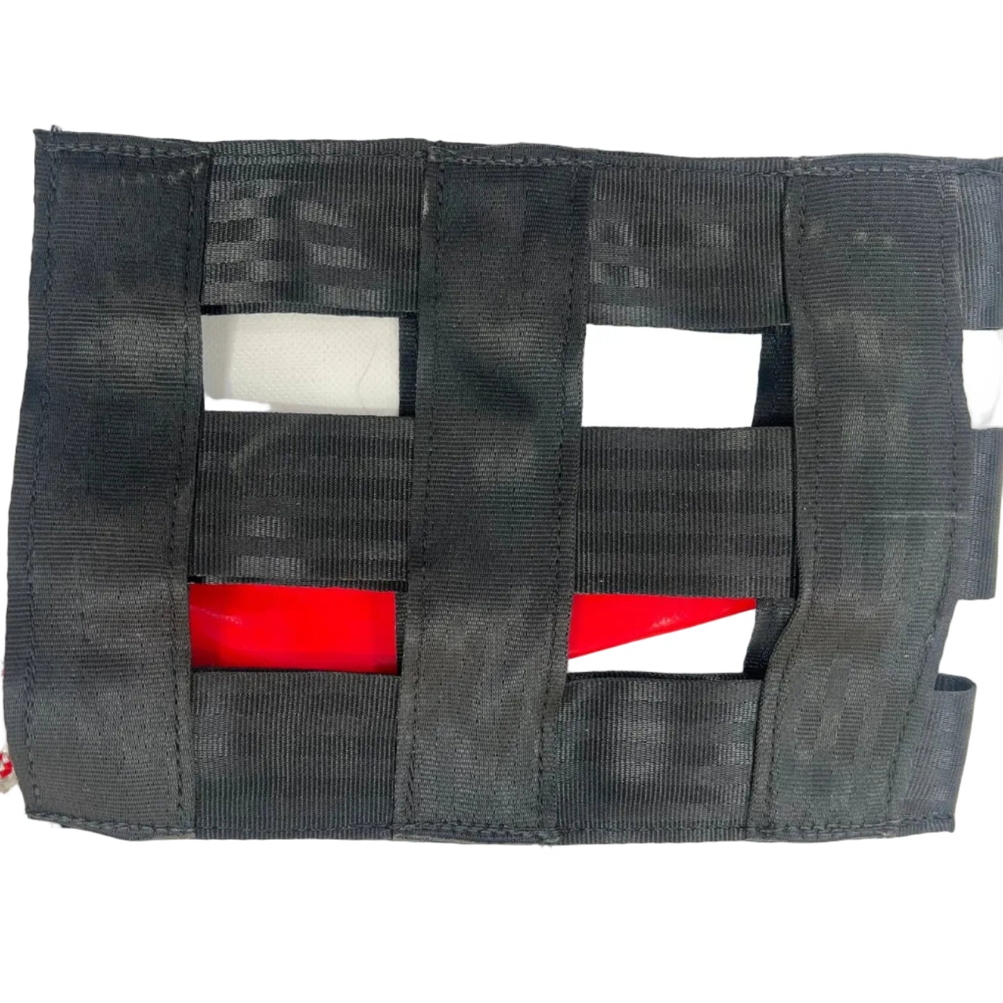 Black heavy-duty webbing webbing construction with moisture-drainage openings on a Hughes 500 rotor blade tie-down from aerosew.