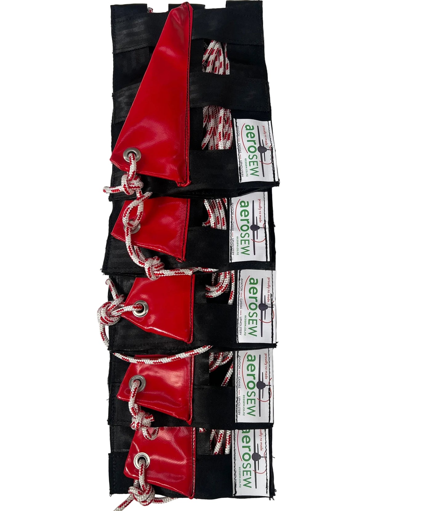 Complete set of five Aerosew Hughes 500 rotor blade tie-downs with webbing, red PVC and yachting rope.
