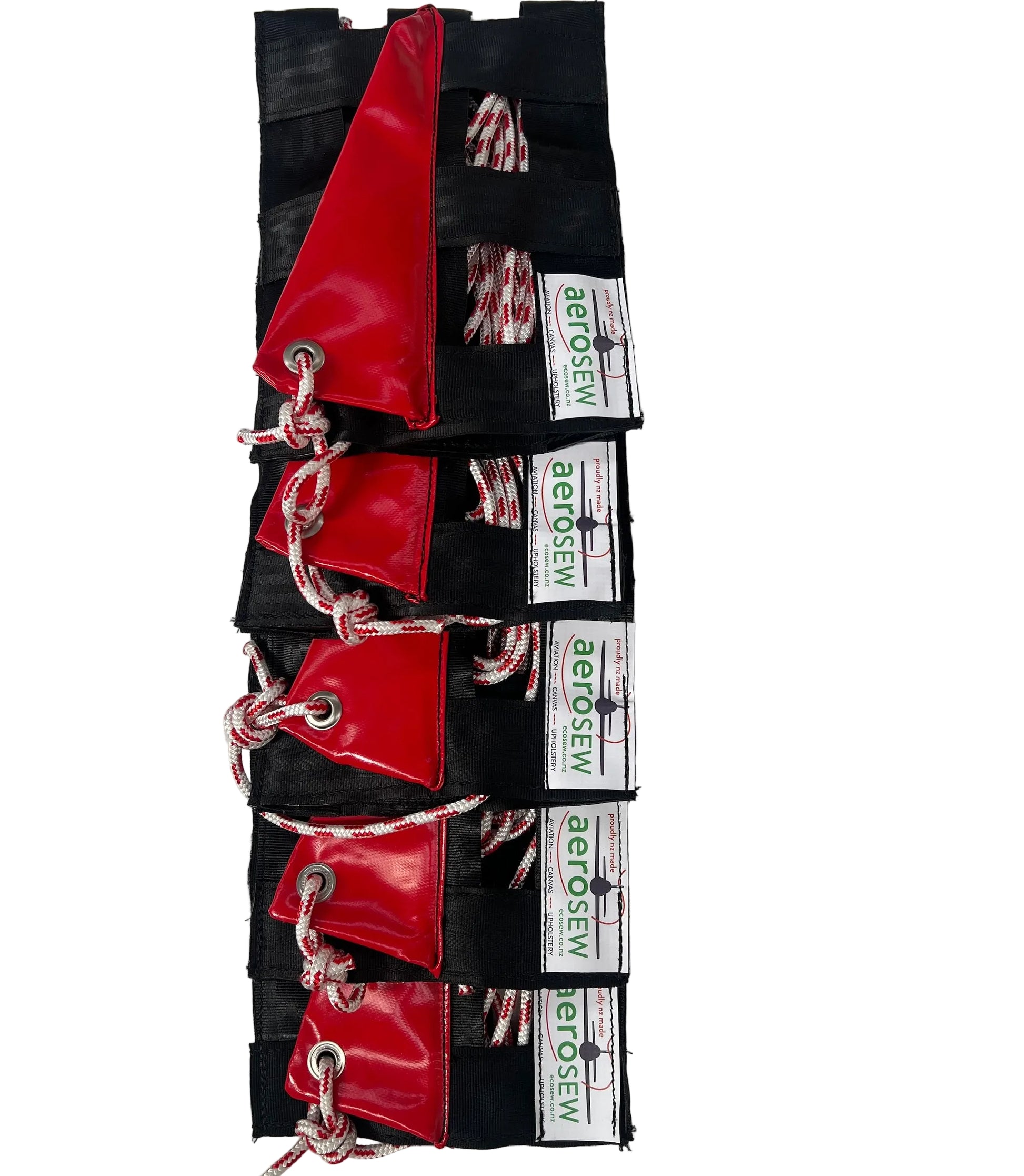 Complete set of five Aerosew Hughes 500 rotor blade tie-downs with webbing, red PVC and yachting rope.
